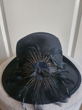 Vintage Black Wool Fedora with Feather and Gold By Mary Franke